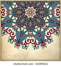 flower circle design on grunge background with lace ornament. Ukrainian pattern on old paper vintage background