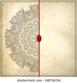 flower circle design on grunge background with lace ornament. Ukrainian pattern on old paper vintage background