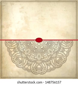 flower circle design on grunge background with lace ornament. Ukrainian pattern on old paper vintage background