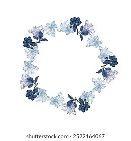 Marco de círculo de flores con arándano y lavanda. Borde de línea redonda dibujado a mano, hojas y flores, invitación de boda y tarjetas, diseño de logotipo y Plantilla de carteles. Elegante Vector floral de estilo minimalista i