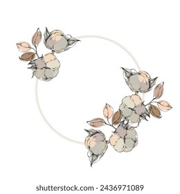 Algodón de marco de círculo floral. Borde de línea redonda dibujado a mano, hojas y flores, invitación de boda y tarjetas, diseño de logotipo y plantilla de carteles. Elegante estilo minimalista vector floral aislado 