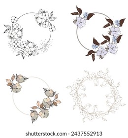 Flower Circle Frame Cotton. Hand drawn round line border, leaves and flowers, wedding invitation and cards, logo design and posters template. Elegant minimal style floral vector isolated 