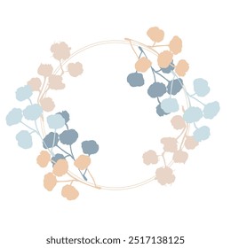 Marco de círculo de flores con algodón. Borde de línea redonda dibujado a mano, hojas y flores, invitación de boda y tarjetas, diseño de logotipo y Plantilla de carteles. Elegante Vector floral de estilo minimalista 