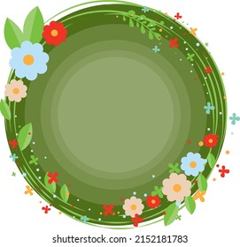 Flower circle frame. Cute retro flowers arranged in a wreath shape perfect for wedding invitations, birthday cards and banners. Green circle background.