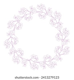 Marco de círculo de flores. Borde de línea redonda dibujado a mano, hojas y flores, invitación de boda y tarjetas, diseño de logotipo y plantilla de afiches. Elegante vector floral de estilo mínimo aislado 