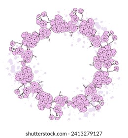 Flower circle frame. Hand drawn round line border, leaves and flowers, wedding invitation and cards, logo design and posters template. Elegant minimal style floral vector isolated 