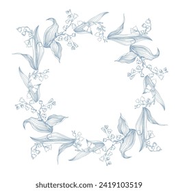 Flower circle frame. Hand drawn round line border, leaves and flowers, wedding invitation and cards, logo design and posters template. Elegant minimal style floral vector isolated 