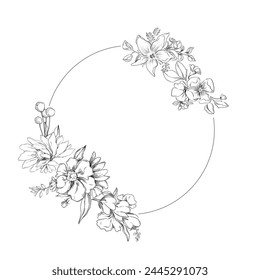 Flower circle frame. Hand drawn round line border, leaves and flowers, wedding invitation and cards, logo design and posters template. Elegant minimal style floral vector isolated 