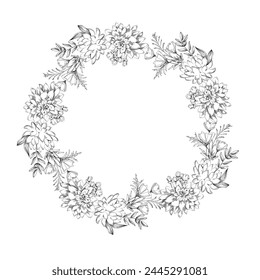 Flower circle frame. Hand drawn round line border, leaves and flowers, wedding invitation and cards, logo design and posters template. Elegant minimal style floral vector isolated 