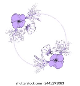Flower circle frame. Hand drawn round line border, leaves and flowers, wedding invitation and cards, logo design and posters template. Elegant minimal style floral vector isolated 