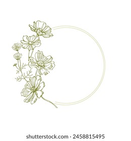 Flower circle frame. Hand drawn round line border, leaves and flowers, wedding invitation and cards, logo design and posters template. Elegant minimal style floral vector isolated 