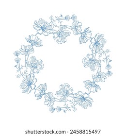 Flower circle frame. Hand drawn round line border, leaves and flowers, wedding invitation and cards, logo design and posters template. Elegant minimal style floral vector isolated 