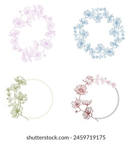 Flower circle frame. Hand drawn round line border, leaves and flowers, wedding invitation and cards, logo design and posters template. Elegant minimal style floral vector isolated 
