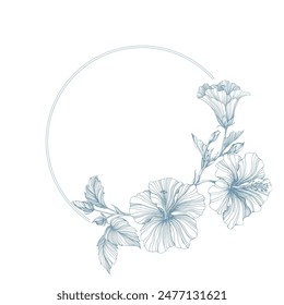 Flower circle frame. Hand drawn round line border, leaves and flowers, wedding invitation and cards, logo design and posters template. Elegant minimal style floral vector isolated 