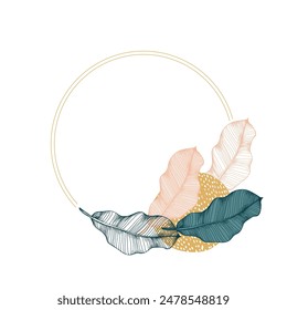 Flower circle frame. Hand drawn round line border, leaves and flowers, wedding invitation and cards, logo design and posters template. Elegant minimal style floral vector isolated 