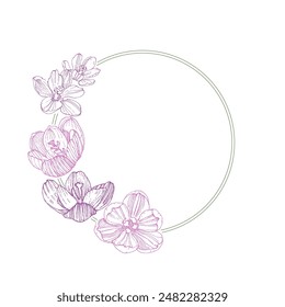 Marco de círculo de flores. Borde de línea redonda dibujado a mano, hojas y flores, invitación de boda y tarjetas, diseño de logotipo y Plantilla de carteles. Elegante estilo minimalista Vector floral aislado 