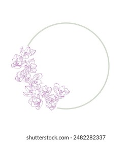 Flower circle frame. Hand drawn round line border, leaves and flowers, wedding invitation and cards, logo design and posters template. Elegant minimal style floral vector isolated 