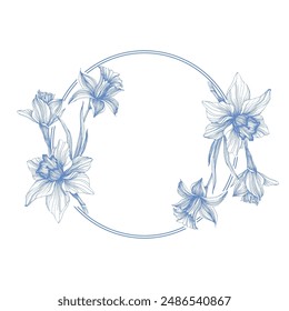 Flower circle frame. Hand drawn round line border, leaves and flowers, wedding invitation and cards, logo design and posters template. Elegant minimal style floral vector isolated 