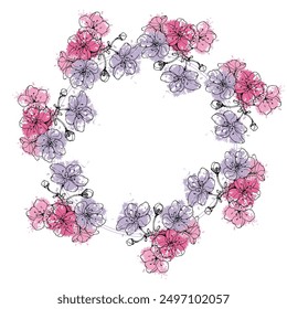 Marco de círculo de flores. Borde de línea redonda dibujado a mano, hojas y flores, invitación de boda y tarjetas, diseño de logotipo y Plantilla de carteles. Elegante Vector floral de estilo minimalista aislado 