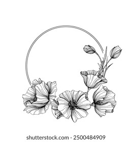 Flower circle frame. Hand drawn round line border, leaves and flowers, wedding invitation and cards, logo design and posters template. Elegant minimal style floral vector isolated 