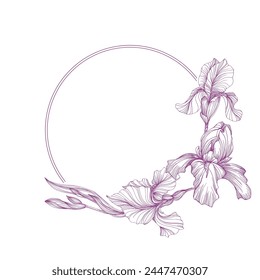 Marco de círculo floral con iris. Borde de línea redonda dibujado a mano, hojas y flores, invitación de boda y tarjetas, diseño de logotipo y Plantilla de carteles. Elegante estilo minimalista Vector floral aislado 