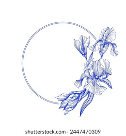 Marco de círculo floral con iris. Borde de línea redonda dibujado a mano, hojas y flores, invitación de boda y tarjetas, diseño de logotipo y Plantilla de carteles. Elegante estilo minimalista Vector floral aislado 