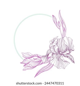 Flower circle frame with iris. Hand drawn round line border, leaves and flowers, wedding invitation and cards, logo design and posters template. Elegant minimal style floral vector isolated 
