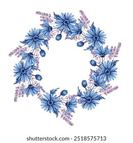 Flower Circle frame with lavender and chamomile. Hand drawn round line border, leaves and flowers, wedding invitation and cards, logo design and posters template. Elegant minimal style floral vector