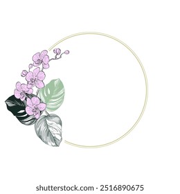 Marco de círculo de flores con monstruos. Borde de línea redonda dibujado a mano, hojas y flores, invitación de boda y tarjetas, diseño de logotipo y Plantilla de carteles. Elegante Vector floral de estilo minimalista aislado 
