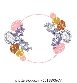 Marco de círculo de flores con monstruos. Borde de línea redonda dibujado a mano, hojas y flores, invitación de boda y tarjetas, diseño de logotipo y Plantilla de carteles. Elegante Vector floral de estilo minimalista aislado 