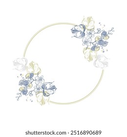 Flower Circle frame with monstera. Hand drawn round line border, leaves and flowers, wedding invitation and cards, logo design and posters template. Elegant minimal style floral vector isolated 