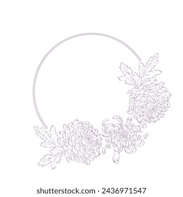 Flower circle frame Peonies. Hand drawn round line border, leaves and flowers, wedding invitation and cards, logo design and posters template. Elegant minimal style floral vector isolated 