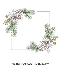 Flower Circle frame with pine cones and acorns. Hand drawn round line border, leaves and flowers, wedding invitation and cards, logo design and posters template. Elegant minimal style floral vector.