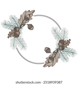 Flower Circle frame with pine cones and acorns. Hand drawn round line border, leaves and flowers, wedding invitation and cards, logo design and posters template. Elegant minimal style floral vector.