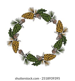 Flower Circle frame with pine cones and acorns. Hand drawn round line border, leaves and flowers, wedding invitation and cards, logo design and posters template. Elegant minimal style floral vector.