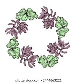 Flower circle frame Succulents. Hand drawn round line border, leaves and flowers, wedding invitation and cards, logo design and posters template. Elegant minimal style floral vector isolated 