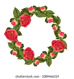 Flower circle with leaves and flowers. Vector. The design of the invitation. Background for save the dates. Romantic circle with red roses, peony buds.