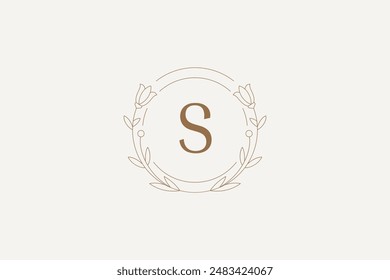 Flower circle line logo with letter beauty monogram design template vector illustration. Botanical floral round herbal minimalist logotype for coiffure spa skin care organic cosmetics beautician