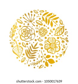 Flower circle shape pattern. Gold Floral card. Hand drawn illustration. Nature vector design.