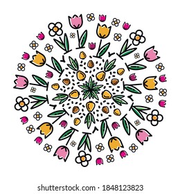 Flower circle in vector. From bulb to flower. Icons of spring flowers in a circle, icons of tulips, daffodils, bulbs. Autumn flower planting. Decorative ornament in a circle of flowers.