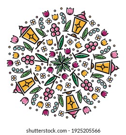 Círculo de flores en vector. De bulbo a flor. Íconos de flores primaverales en un círculo, íconos de tulipanes, daffodils, bombillas. Plantación de flores de otoño. Ornamento decorativo en un círculo de flores.