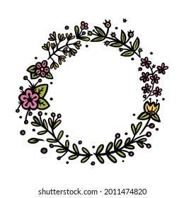 Correa de círculo de flores para invitaciones y decoración de recorridos de bala. Divisor u cuadro de la corona ósea y ósea. Ilustración del vector Doodle aislada en fondo blanco