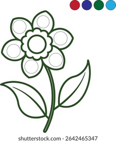A flower with circles to color in, accompanied by red, blue, green and cyan color options. Isolated on white.