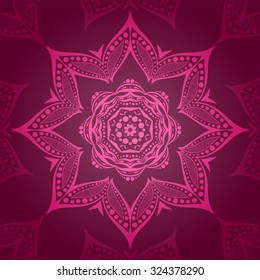 Flower circular background. A stylized drawing. Mandala. Stylized lace ornament. Indian floral ornament. Beautiful ethnic, oriental background for greeting cards, labels. Wine, burgundy color. 