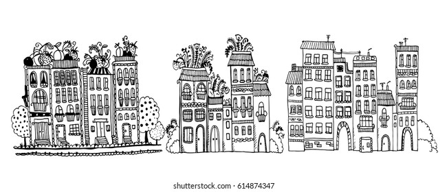 Flower City, set of 3  illustrations with funny fantasy houses, sketch doodle cartoon hand drawn vector illustration