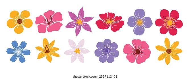 Flower clipart drawing colorful set. Flower spring collection like daffodil, chamomile, daisy, narcissus, crocus, jasmine, poppy and phlox clip art in flat water color. Vector illustration floral 