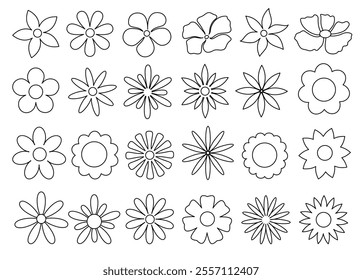 Flower clipart drawing outline set. Spring flowers hand drawn collection like sunflower, aster, gerbera, daisy, chamomile, and daffodil clip art simple decorative design. Vector illustration floral 