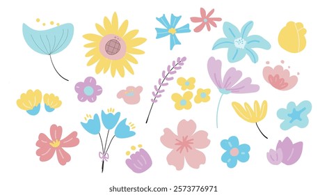 Flower clipart pastel Set 1. These floral designs add a touch of softness to any space.  the tender beauty of pastel tones evoking feelings of femininity and grace Sunflower, rose ,lavender, tulip