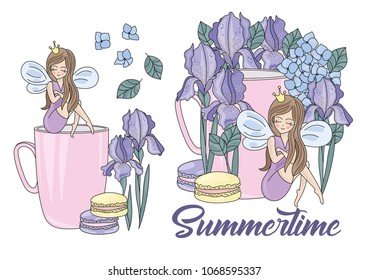 Flower Clipart SUMMERTIME Color Vector Illustration Magic Fairyland Cartoon Purple Flower Fairy Princess Wedding Party Set Iris Cake Cupcake Scrapbooking Print Card Album Photo T-Shirt Babybook