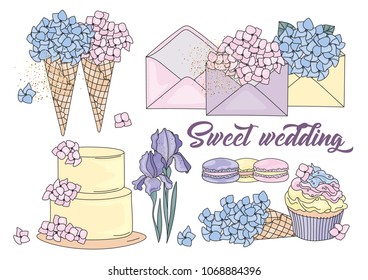 Flower Clipart SWEET WEDDING Color Vector Illustration Magic Fairyland Cartoon Sweets Party Iris Mystery Happy Birthday Cake Cupcake Ice Cream Scrapbooking Print Card Album Photo Babybook